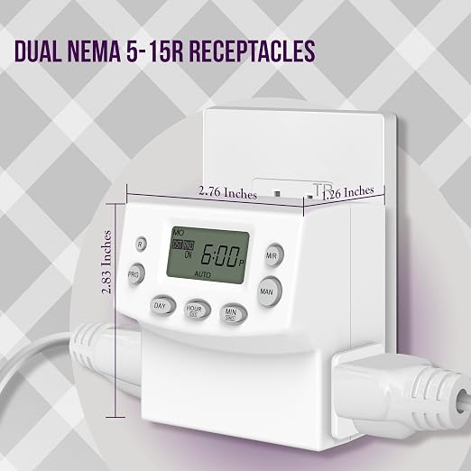 ENERLITES Heavy Duty Programmable Digital Plug-in Timer for Electrical Outlets, Timer Outlet for Lights, Lamps, Grounded Outlet, 7 Day Random, 120V 15A 1200W, HET07, White, 1 Pack