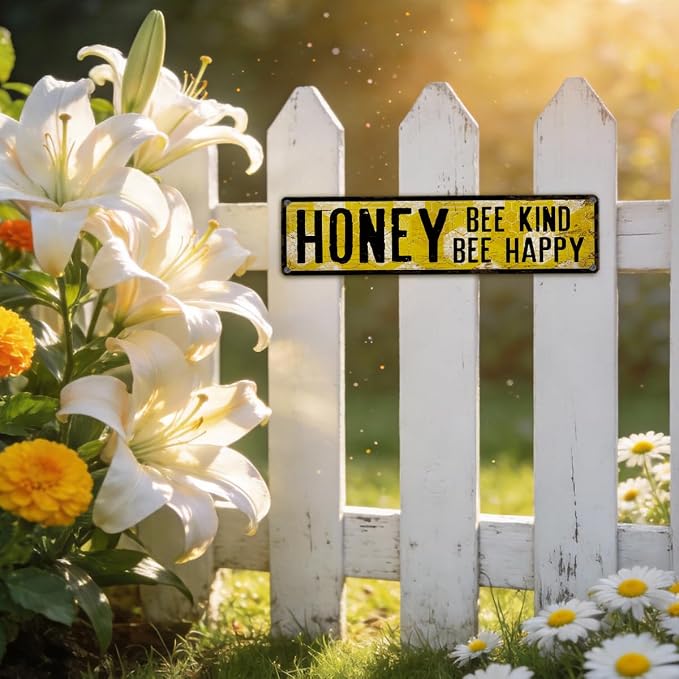 Honey Metal Tin Sign, Vintage Bee Decor, Rustic Farmhouse Wall Art, for Garden Yard Fence Porch Door, Indoor Outdoor Garden Decoration, Ideal for Bee Lovers, 15.7 x 3.9 Inches