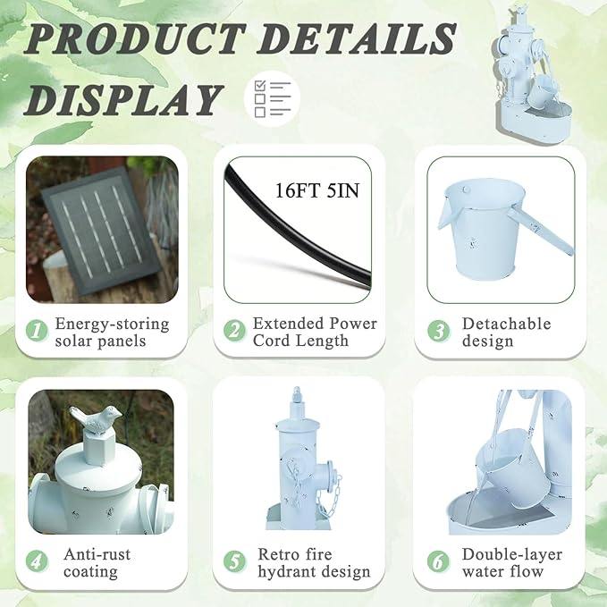 Metal Fire Hydrant Solar Water Fountain with Backup Battery | water fountain outdoor,Solar Fountain Bird Bath for Garden, Patio & Yard Decor,Working at Night for at Least 6 Hours (White)