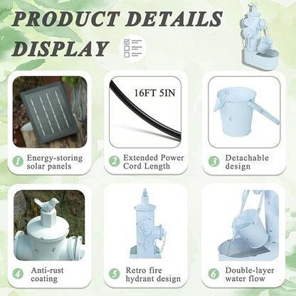 Metal Fire Hydrant Solar Water Fountain with Backup Battery | water fountain outdoor,Solar Fountain Bird Bath for Garden, Patio & Yard Decor,Working at Night for at Least 6 Hours (White)