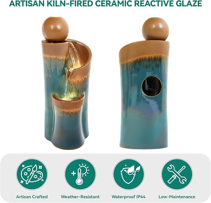 32" Ceramic Outdoor Water Fountain w/LED, Teal & Copper Water Feature | high-fired ceramic water fountain outdoor garden decor, lighted cascading waterfall, tranquil oasis for patio, yard, porch