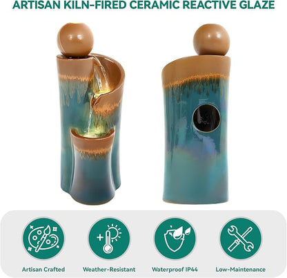 32" Ceramic Outdoor Water Fountain w/LED, Teal & Copper Water Feature | high-fired ceramic water fountain outdoor garden decor, lighted cascading waterfall, tranquil oasis for patio, yard, porch