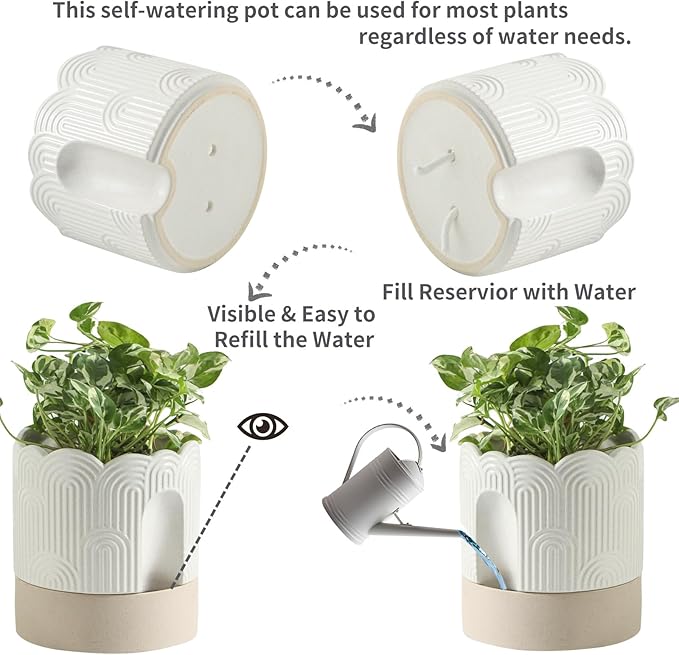 Nihow Ceramic Self Watering Pots for Indoor Plants, 6+8 Inch,Beige Set 2 | Visible Water Level Fill Port,Planter with Cotton Wick,Water Storage Plus, Cylinder Round Flower Pot, Succulent/Herbs/Violets