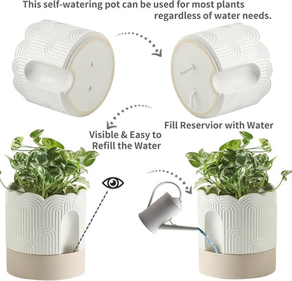 Nihow Ceramic Self Watering Pots for Indoor Plants, 6+8 Inch,Beige Set 2 | Visible Water Level Fill Port,Planter with Cotton Wick,Water Storage Plus, Cylinder Round Flower Pot, Succulent/Herbs/Violets