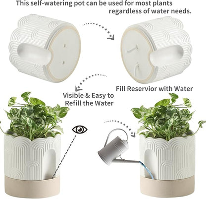 Nihow Ceramic Self Watering Pots for Indoor Plants, 8 Inch,Beige | Visible Water Level Fill Port,Planter with Cotton Wick,Water Storage Plus, Cylinder Round Flower Pot, Succulent/Herbs/Violets