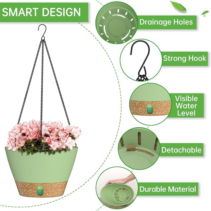ZMTECH 2 Pack 10 Inch Hanging Baskets for Plants Outdoor Indoor, Modern Green Planters with Water Level Window & Metal Chain for Balcony Patio Garden Home Decor