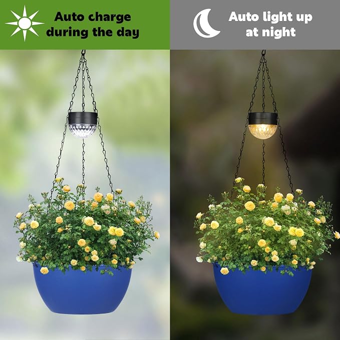 BAYN 2 Packs Solar Hanging Basket Planters for Plants Outdoor | Self Watering, Blue Flower Pots with Solar Light , Hanging Planters with Drainer for Balcony Patio Garden Decoration