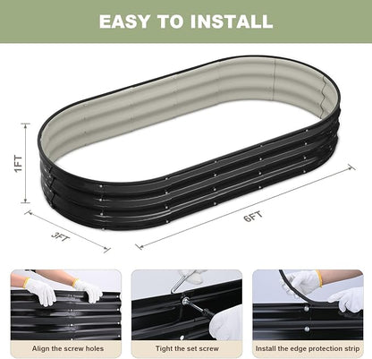 Raised Garden Bed, 6x3x1ft Galvanized Outdoor Planter Beds with Safety Edging and Gloves, Oval Metal Planter Box for Gardening Vegetables Flowers Herb-Black