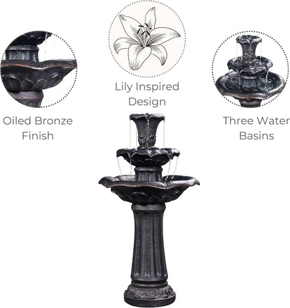 Teamson Home Lily Flower Floor Pedestal 3 Tiered Floor Waterfall Fountain with Pump for Outdoor Patio Garden Backyard Decking, 38 Inch Height, Dark Gray | Pedestal Design, With Pump, Outdoor Patio Garden Backyard Decking, Dark Gray