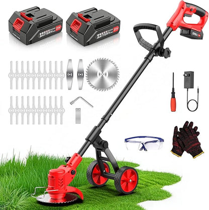 Electric Weed Wacker, 650W Cordless Weed Trimmer with Wheels, 2x2.0Ah 21V Battery Powered Weed Eater, String Trimmer Brush Cutter, Lawn Mower Edger Lawn Tool for Garden Yard