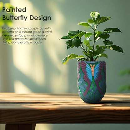 6.3 inch Green Ceramic Flower Pot with Butterfly Patterns,Indoor Outdoor Planter for Succulents Plants, Modern Home Garden Decor