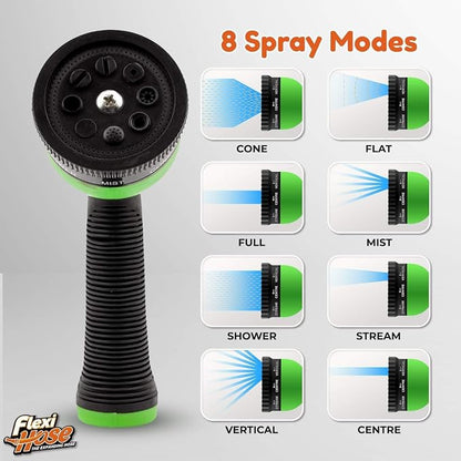 Flexi Hose with 8 Function Nozzle, 75FT - Lightweight Expandable Garden Hose, No-Kink Flexibility, 3/4 Inch Solid Brass Fittings and Double Latex Core - Black and Green
