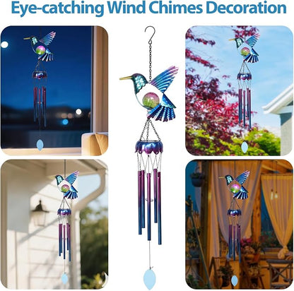MUMTOP Solar Wind Chimes for Outside - Hummingbird with Crack Glass Ball Lights Wind Chimes Outdoor Unique, Windchimes Clearance for Garden, Patio,Yard Decor Gift