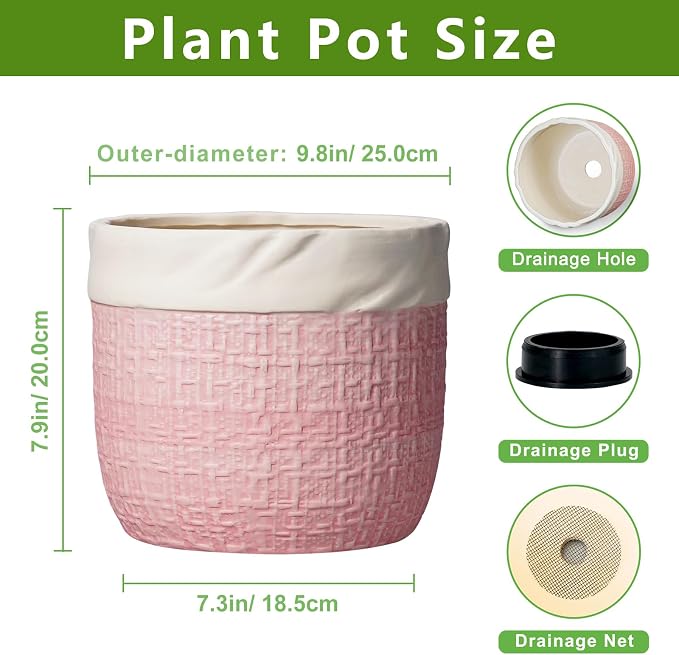 9.8 Inch Plant Pot - Ceramic Planter with Drainage Hole and Plug, Round Boho Planters for Indoor Plants Outdoor, Ceramic Flower Pots, Balcony Office Decor, Gifts for Plant Lovers, Pink