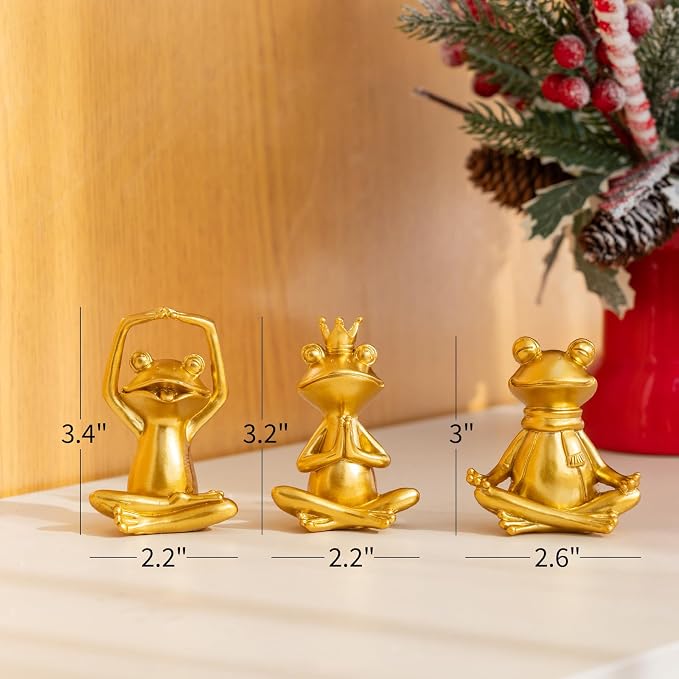 Gold Yoga Frog Figurines Set of 3 - Meditating Resin Zen Statues & Sculptures for Home, Office Desk, Shelf Decor - Cute Frog Lover Gifts for Women, Yoga Enthusiasts