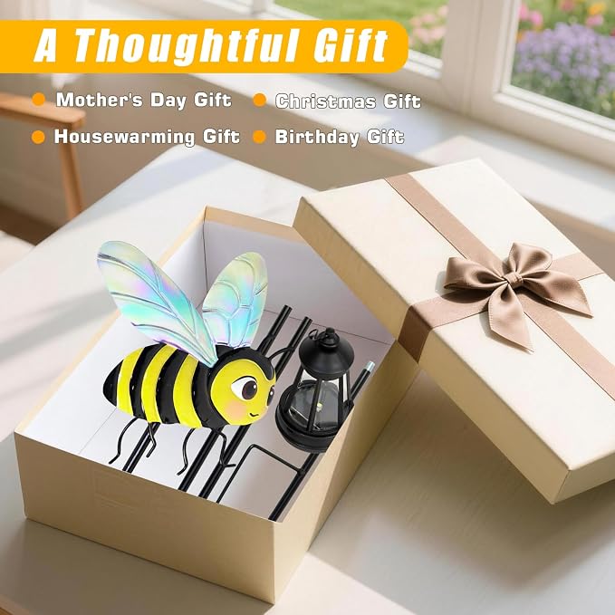 EDOF 32.28in Metal Bee Garden Stakes with Solar Lights Outdoor Decorative | Solar Lights Waterproof Bee Garden Decor for Yard Art Outside Patio Porch Lawn,Birthday Gifts for Women Mom
