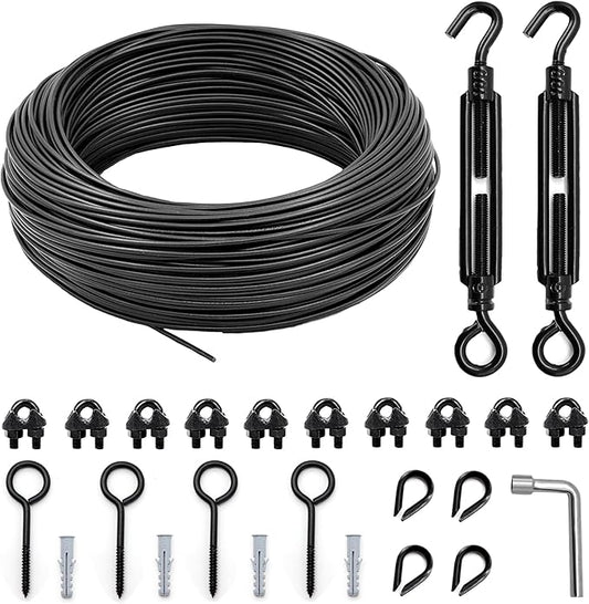 String Light Hanging Kit Outdoor, Full Black Globe String Lights Suspension Kit w/ 50FT PVC Coated Steel Cable & Enough Accessories, Guide Wire for String Lights, Patio Lights, Camping Light
