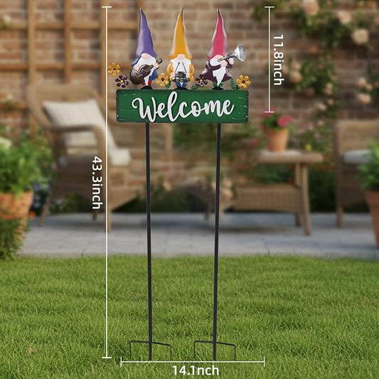 Spring Gnomes Decorations for Yard with Garden Welcome Sign, Large 43.3inch Musical Gnome Decorative Garden Stakes Metal Yard Art for Outdoor Lawn Decorations
