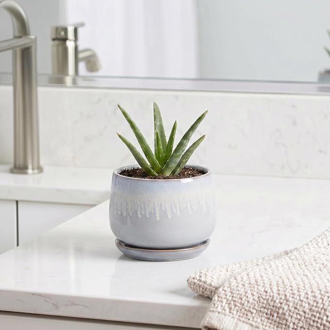 4 Inch Planter - Ceramic Plant Pots for Indoor Plants, Round Succulent Pots with Drainage and Saucer, Decorative Small Planter, Home Desktop Decor, Gardening Gifts for Women, Grey-White