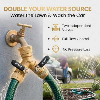 Morvat Brass 2-Way Y Splitter LEAD-FREE, Heavy-Duty Garden Hose Connector with Extra Long Butterfly Comfort Grip ON/OFF Valves, Adapter for Water Faucet & Spigot, Extra 5 Washers, Teflon Tape (1-Pack)