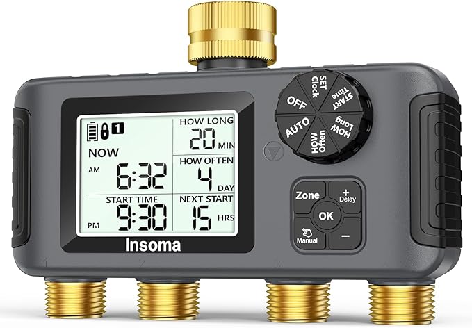 Insoma 4 Zones Sprinkler Timer with Brass Inlet & Outlet, Water Timer for Garden Hose with Auto/Manual/Rain Delay Mode, Hose Timers for Irrigation Watering System for Yard, Lawn, Plant Watering