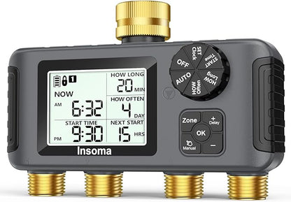 Insoma 4 Zones Sprinkler Timer with Brass Inlet & Outlet, Water Timer for Garden Hose with Auto/Manual/Rain Delay Mode, Hose Timers for Irrigation Watering System for Yard, Lawn, Plant Watering