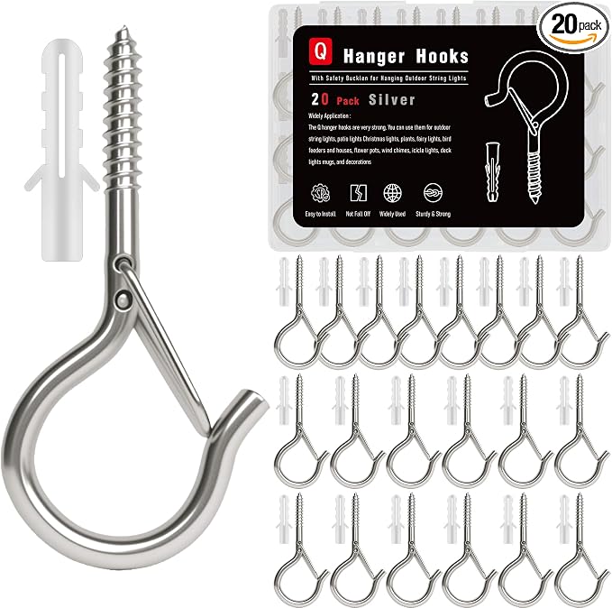 Black Screw Hooks with Safety Lock 2.3" Rustproof Metal Ceiling Hooks for Hanging Plants, Baskets,String Lights & Outdoor Decor, 40LB Capacity (20, Silver)