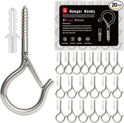 Black Screw Hooks with Safety Lock 2.3" Rustproof Metal Ceiling Hooks for Hanging Plants, Baskets,String Lights & Outdoor Decor, 40LB Capacity (20, Silver)