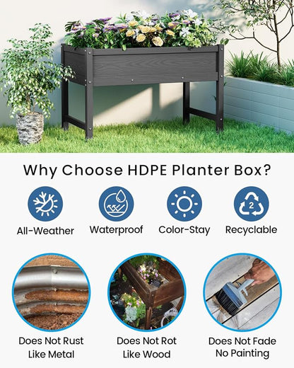 Weatherproof Raised Garden Bed, HDPE Outdoor Elevated Planter Box with Legs, Garden Box, Flower Beds for Patio, Deck, Balcony (Black)