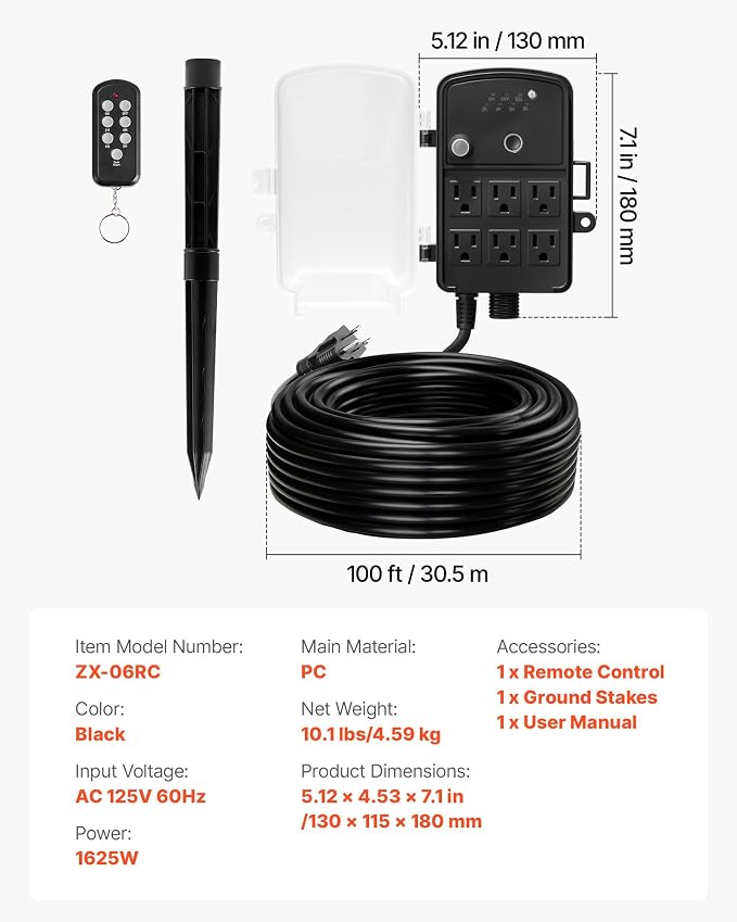 VEVOR Outdoor Power Stake Timer, 100FT Extension Cord, Remote Control Outdoor Power Strip with Cover, Dusk to Dawn Light Timer Waterproof, 6 Outlets for Halloween Christmas Lights, Garden Decorations