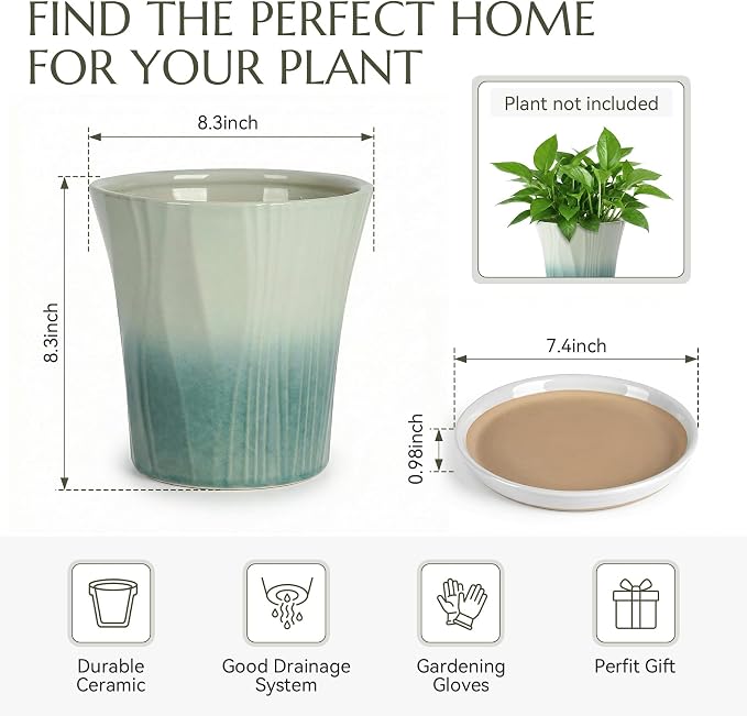 8.3 Inch Ceramic pots for Plants with Saucer Drainage Leak-Proof Mesh, Round Plant Pot with Gardening Gloves for Indoor Outdoor Plants (Rippled Green)