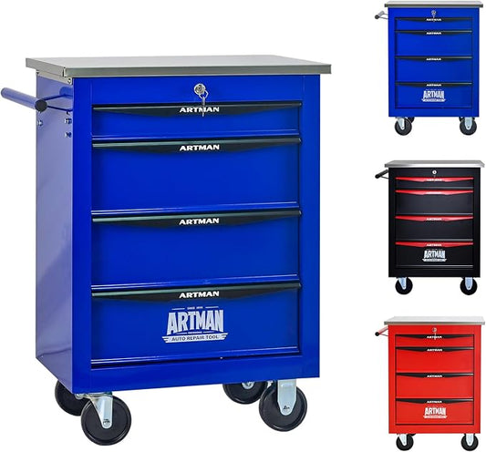 4-Drawer Rolling Tool Chest, Lockable Stainless Worktop for Garage, Blue | Heavy Duty Metal Tool Cabinet with Drawers on Wheels for Warehouse and Workshop Storage