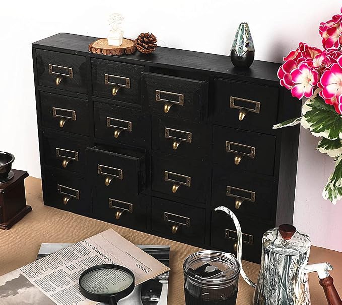 Apothecary Drawers Apothecary Cabinet with Drawers, Black | 16 Drawer Library Card Catalog, Wooden Storage Box, Wooden Desktop Organizer with Metal Handles-Fulled Assembled