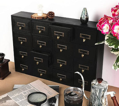 Apothecary Drawers Apothecary Cabinet with Drawers, Black | 16 Drawer Library Card Catalog, Wooden Storage Box, Wooden Desktop Organizer with Metal Handles-Fulled Assembled