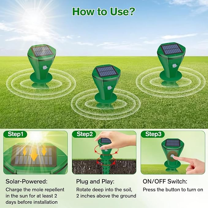 Ultrasonic Mole Repellent Outdoor, Gopher Repeller Solar Powered for Lawn Garden Yard, Mole and Vole Repellent Waterproof, Effectively Repels Gophers Snake Chipmunks Groundhogs-4 Pack-Green