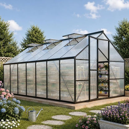8x14FT Greenhouse for Outdoors, Polycarbonate Greenhouse with Quick Setup Structure and Roof Vent, Aluminum Large Walk-in Green House for Outside Garden Backyard, Dark Gray