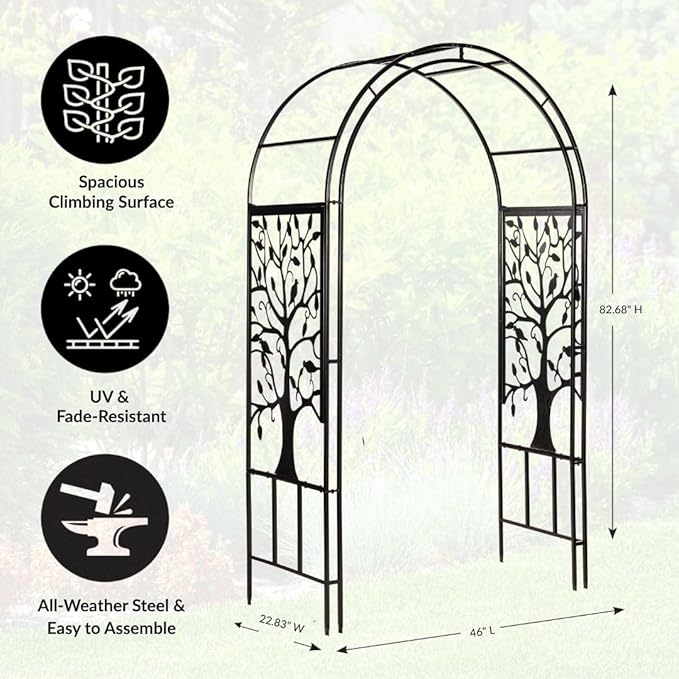 Plow & Hearth Metal Garden Arch Trellis Arbor Tree of Life Panels, 7 feet Freestanding Outdoor Arch Trellis for Climbing Plants, Pathway Entry and Wedding Garden Decor