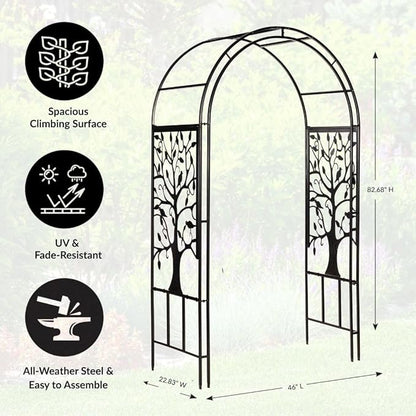Plow & Hearth Metal Garden Arch Trellis Arbor Tree of Life Panels, 7 feet Freestanding Outdoor Arch Trellis for Climbing Plants, Pathway Entry and Wedding Garden Decor