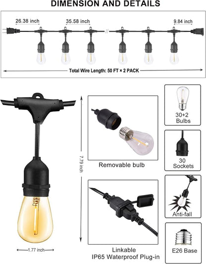 Outdoor-String-Lights-100FT-Patio-Light with 32 Shatterproof S14 Dimmable Edison Bulbs, Connectable Heavy Duty Outdoor lighting, Commercial Grade Waterproof String Light for Porch Market Backyard