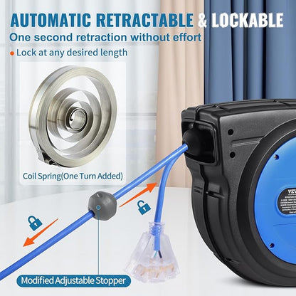 VEVOR 80FT Retractable Extension Cord Reel, 12AWG/3C SJTOW Heavy Duty Power Cord w/Lighted Electrical Triple Tap Outlets, 15A Circuit Breaker,180° Swivel Bracket for Workshop or Garage, Blue