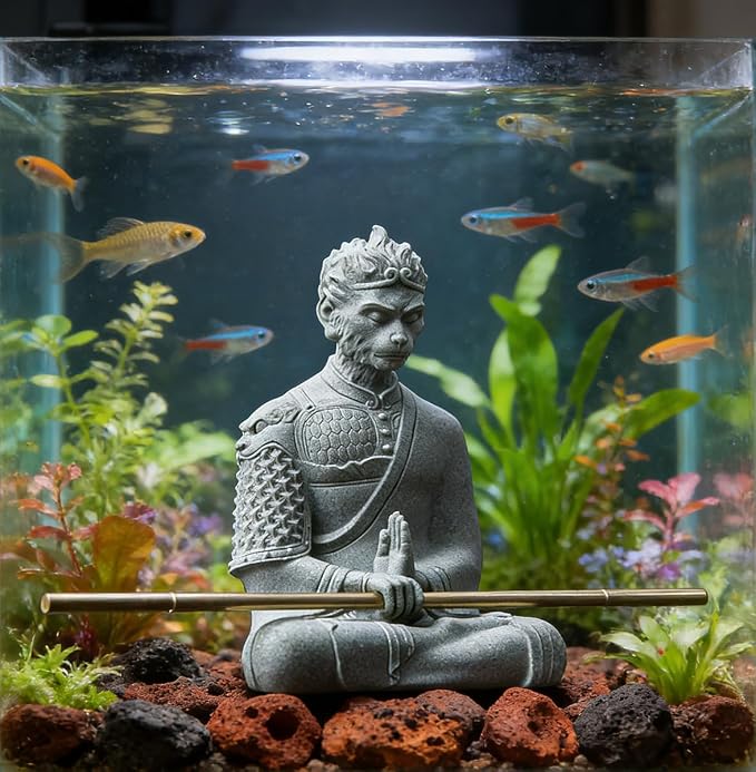 livelyfish Aquarium Sun Wukong Statue Monkey Kings Buddha Statues Zen Sandstone Figurines for Fish Tank Garden Aquarium Decor (Grey)