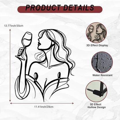 LIYAOLI 3D Metal Wall Sculpture Decor - Black Wall Art of Woman Drinking Wine, Waterproof Kitchen Line Art, Unique Modern Metal Art for Dining Room, Bar, Living Room, Bedroom