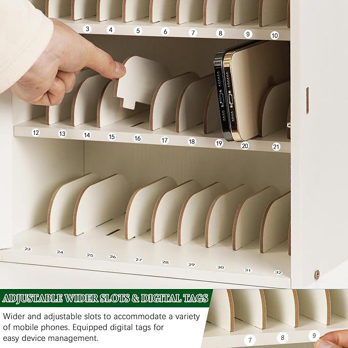 Echaprey Cell Phone Holder Classroom Adjustable 33 Slots Pocket Chart Wooden Cell Phone Storage Cabinet with Handle and Lock Desktop Cell Phone Holder for Classroom Office (White)