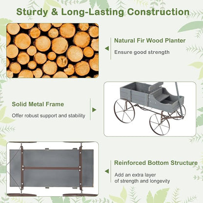 Wooden Wagon Planter, Decorative Flower Pots w/ 2 Planting Sections, Wheels & Handle, Rustic Farmhouse Garden Planter Box for Patio, Yard, Porch (Grey)