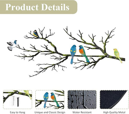 ESTART Metal Birds Wall Art, Metal Vivid Birds on Branch Silhouette Wall Decor Black Leaves with Bird Outdoor Hanging Wall Sculpture for Home Balcony Garden (Bright Color, Small)