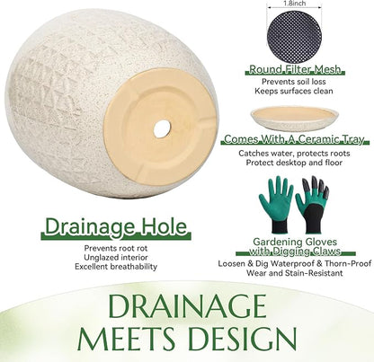 9.5 Inch Flower Pots for Indoor Plants,Ceramic Planter with Saucer Drainage Leak-Proof Mesh Gardening Gloves(Silk-White)