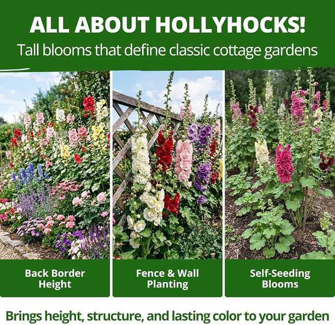 HOME GROWN Hollyhock Chater's Double Mix 100 Seeds (0.9g) – Biennial Blooms Year 2, Double Flower Hollyhock Seeds for Planting, Perennial Reseeding, Cottage Garden, USDA Zones 3–9 (Alcea rosea)