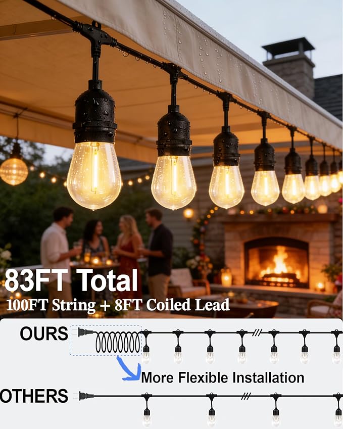 Gmnee 75FT Outdoor String Lights for Patio, Balcony & Porch – 47 LED Edison Bulbs (1.6FT Spacing), Dimmable Heavy-Duty Patio Lights for Backyard, Gazebo, Bistro, Party and Garden Decor (Plug in)