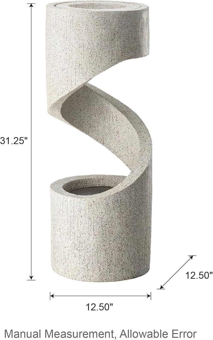 Glitzhome Outdoor Water Fountain with LED Light, Decorative Tiered Curved Waterfall Fountain with Stone Planter, Faux Terrazzo Spiral Shaped Outdoor Fountains for Garden Deck Patio Porch, 31.25”H