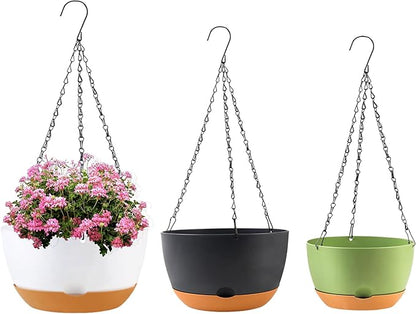 KPUVX 8/10/12 inch Hanging Planters for Indoor Outdoor Plants with Self-Watering Pots, 3 Pack Plastic Hanging Basket with Removable Tray for Home Garden Porch Balcony Patio Decor(White+Black+Green)